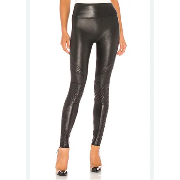 Spanx Pants - SPANX Moto Leggings Women's Medium Black Faux Leather Quilted Pull On Stretchy